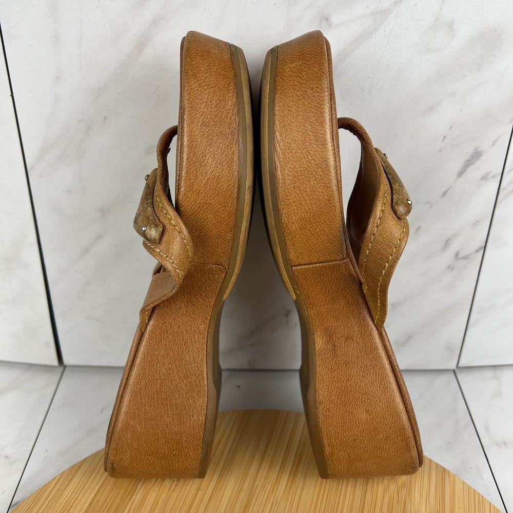 VTG Y2K Prada Womens Size 7.5 EU 37.5 Brown Tan Logo Wood Platform Wedge Sandals - Picture 6 of 11
